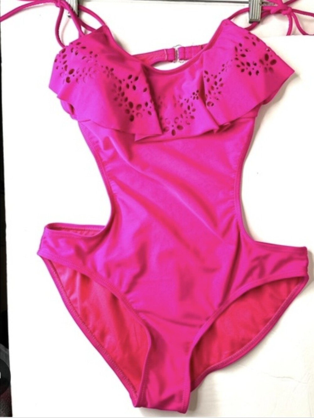 OP Hot Pink Cutout One-Piece Swimsuit Size XL 15-17 Beach Barbie Ruffle Poolside